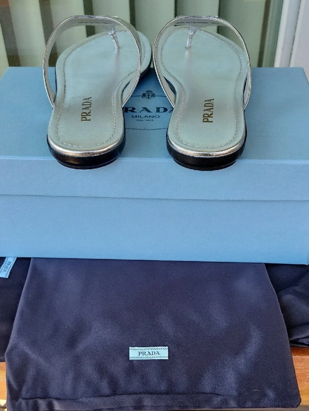 Prada Metallic Silver Logo Thong Sandals